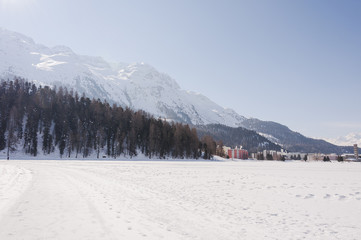 St. Moritz, Oberengadin, St. Moritzersee, Winter, Wintersport, Langlauf, Winterpolo, Alpen, Rosatschgruppe, Graubünden, Schweiz