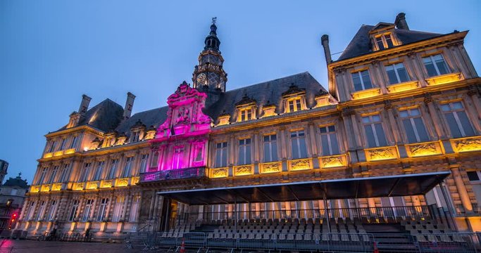 The evening time-laps of town hall, French city of Reims, champagne-Ardennes