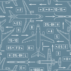 seamless aviation pattern with airplanes and signs on a gray background