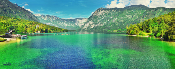Panoramic view of Slovenian landscape Bohinj Lake,with turquoise water.Triglav National Park,...