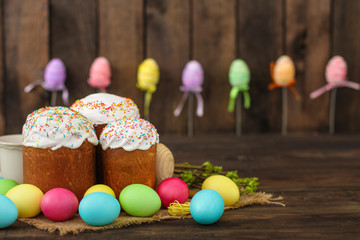 Easter cake and Easter eggs (traditional decoration and attributes). Happy easter!