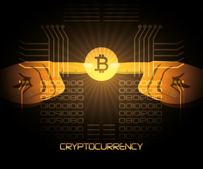 hands pointing a bitcoin symbol  over black background, colorful design vector illustration