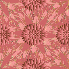 Fototapeta na wymiar 3d flowers vector seamless pattern. Monochrome floral pink background wallpaper with 3d flowers, leaves and line art tracery endless damask ornaments. Surface texture. Elegant design for fabric, print