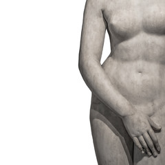Marble body lines of young naked Roman woman at white background