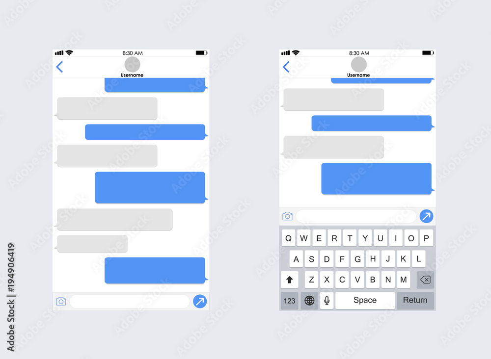 Poster smartphone with messaging sms app. chat app template whith mobile keyboard. social network concept. 
