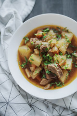 Irish beef stew with fresh parsley on a dark wooden background in natural light