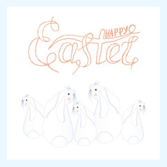 Seamless white hares is turned back pattern, lettering Happy Easter on white stock vector illustration for web, for print