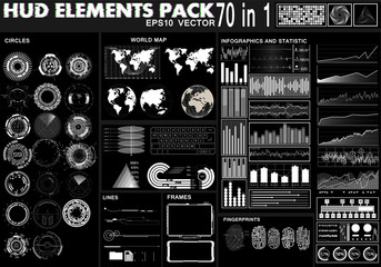 Set hud black and white interface elements, circles, statistic and infographic, world maps, frames, fingerprints ui  for web applications. Futuristic Sci Fi Modern User Interface Set. Abstract HUD