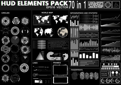 Set hud black and white interface elements, circles, statistic and infographic, world maps, frames, fingerprints ui  for web applications. Futuristic Sci Fi Modern User Interface Set. Abstract HUD