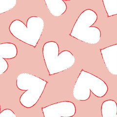 Abstract seamless heart pattern. Vector, minimalist white hearts on pink background