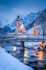 Church of Ramsau in winter twilight, Bavaria, Germany