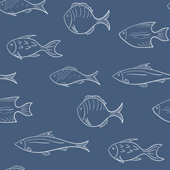 Seamless pattern with white fish on a blue background. Vector.