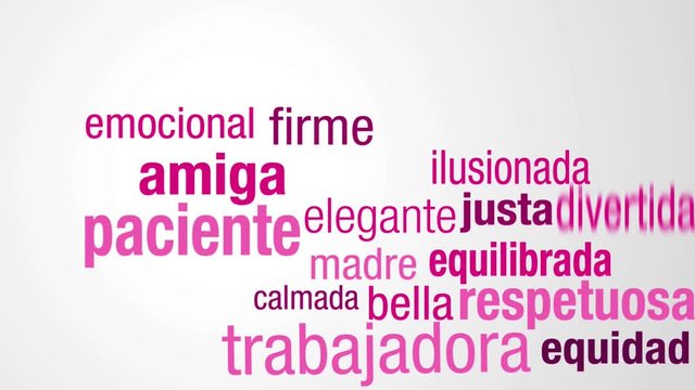 Greeting card with message Feliz Dia de la Mujer - Happy Women's Day in Spanish language. Start with a cloud of words in pink and purple colors that appear one by one