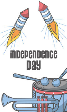 independence day american drum sticks and trumpet fireworks decoration vector illustration