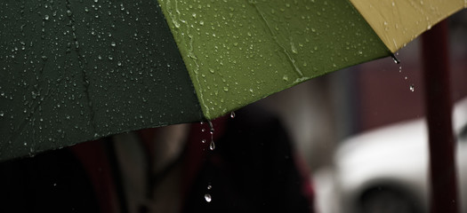  The panorama of close-up  umbrella in rainbow colors in rainy autumn day, blur focus