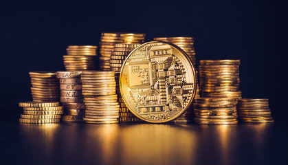 Bitcoin. Crypto currency Gold Bitcoin, BTC, Bit Coin. Macro shot of Bitcoin coins isolated on black...