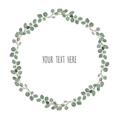 vector frame made of eucalyptus branches on white background. Flat lay, top view
