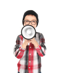 Fototapeta premium Cute little boy with megaphone on white background