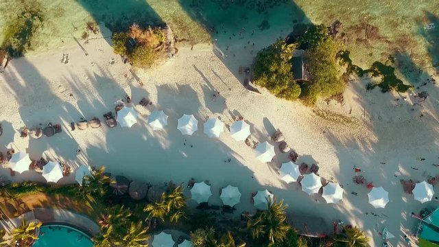 Video loop with aerial footage showing bird eye view with people walking and getting tan on a tropical Florida beach under blue umbrellas and turquoise ocean waves breaking against the coastal line