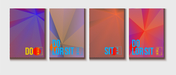 Neon Halftone Covers Set. Trendy Blend Lines Corporate Identity. Futuristic Posters, Geometric Business Backgrounds. Halftone Minimal Presentation Covers. Neon Colored Iridescent Print Design.