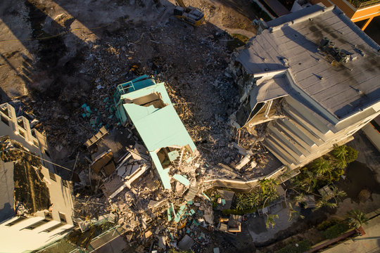 Building demolition rubble aerial drone image