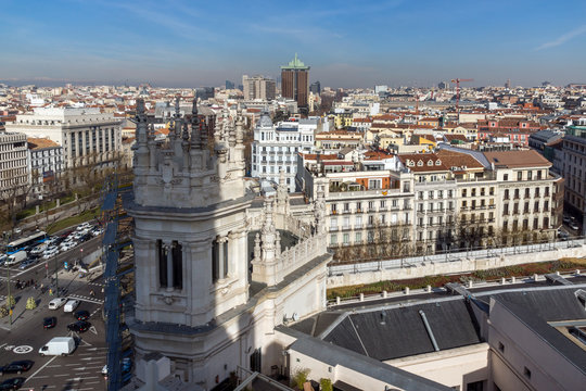 Panoramic view of city of Madrid from Cybele Palace (Palacio de Cibeles), Spain