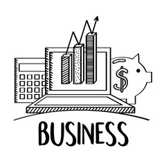 business laptop statistics chart piggy calculator doodle vector illustration
