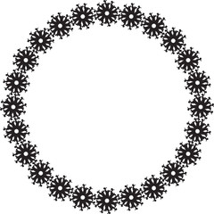 Black and white round frame with floral silhouettes. 