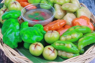 Popular Thai dessert in Deletable imitation fruits,Mung beans that make to fruit-shaped and coated with thin layer of jelly,Fruit Shaped Mung Beans .