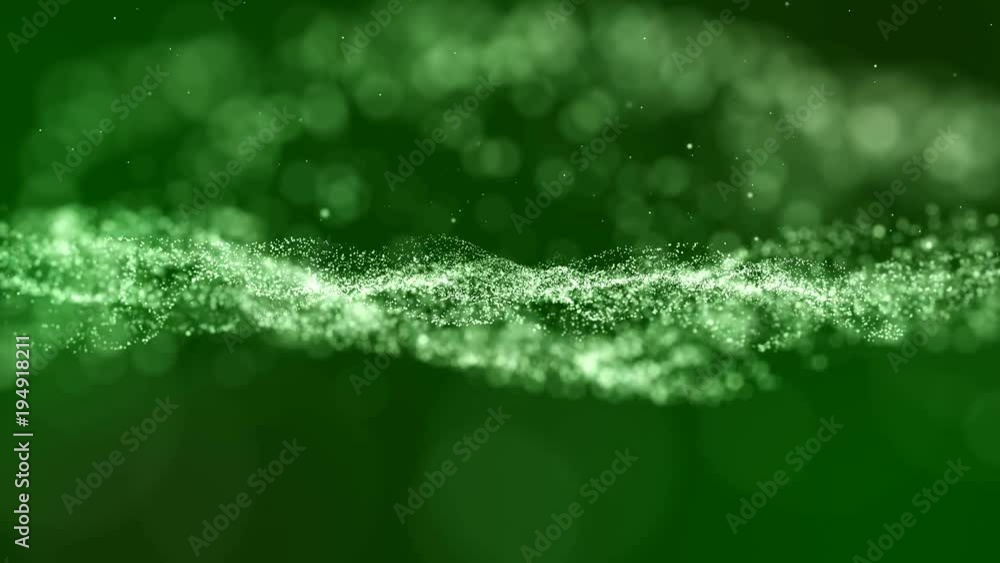 Poster animation ,motion abstract background with white pattern particles on dark green background.