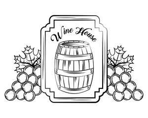 wine card wood cask engraving vintage bunch grapes decoration vector illustration