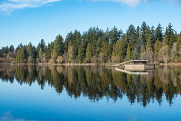 reflection of blue sky and forest in the lost lagoon in Vancouver
