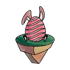 colored  rabbit and easter egg with curved lines   on piece land  doodle over white background vector illustration