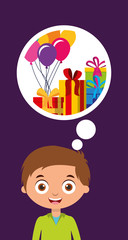 cute little boy thinking gifts and balloons happy birthday card vector illustration