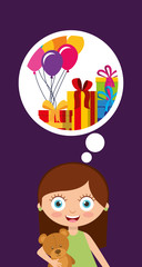 sweet little girl thinking balloons and gifts happy birthday banner vector illustration