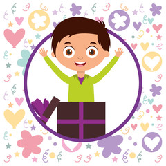 little boy inside gift box wrapped floral love celebration - happy birthday card vector illustration