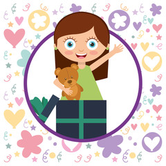 beauty girl coming out gift box floral love decoration - happy birthday card vector illustration