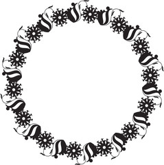 Black and white round frame with floral silhouettes. 