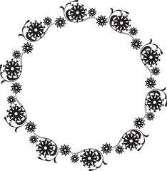 Black and white round frame with floral silhouettes. 