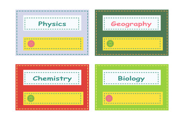
Set of rectangle science subjects school note book labels, physics, geography, biology, chemistry.