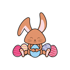 easter eggs of various designs and rabbit hugging blue  easter egg  vector illustration