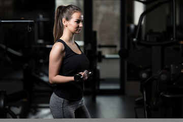 Fototapeta na wymiar Fitness Woman Doing Exercise For Biceps With Dumbbells
