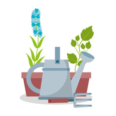 watering can pot plant flower and rake garden vector