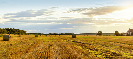 Scenic view of hay stacks on sunny day