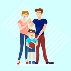 Cute Family Parents And Son Isolated On Abstract Blue Background Flat Vector Illustration