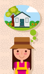 Obraz na płótnie Canvas happy young woman thinking in house with garden tree flowers vector