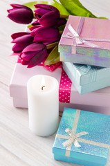 Obraz na płótnie Canvas Giftbox arranged on the table in saint valentine holiday concept