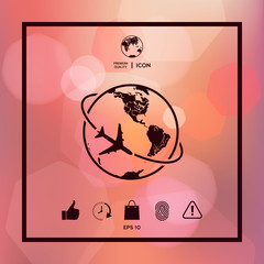 Airplane fly around the planet Earth logo icon