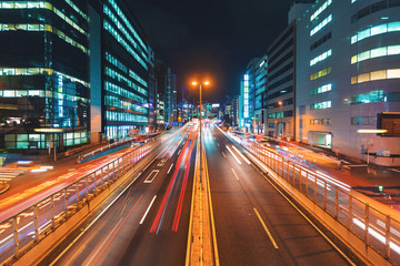 Fototapeta na wymiar View of motion blurred traffic in Shibuya, Tokyo, Japan at night