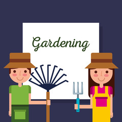 gardening girl and boy gardener with rake and pitchfork vector illustration vector